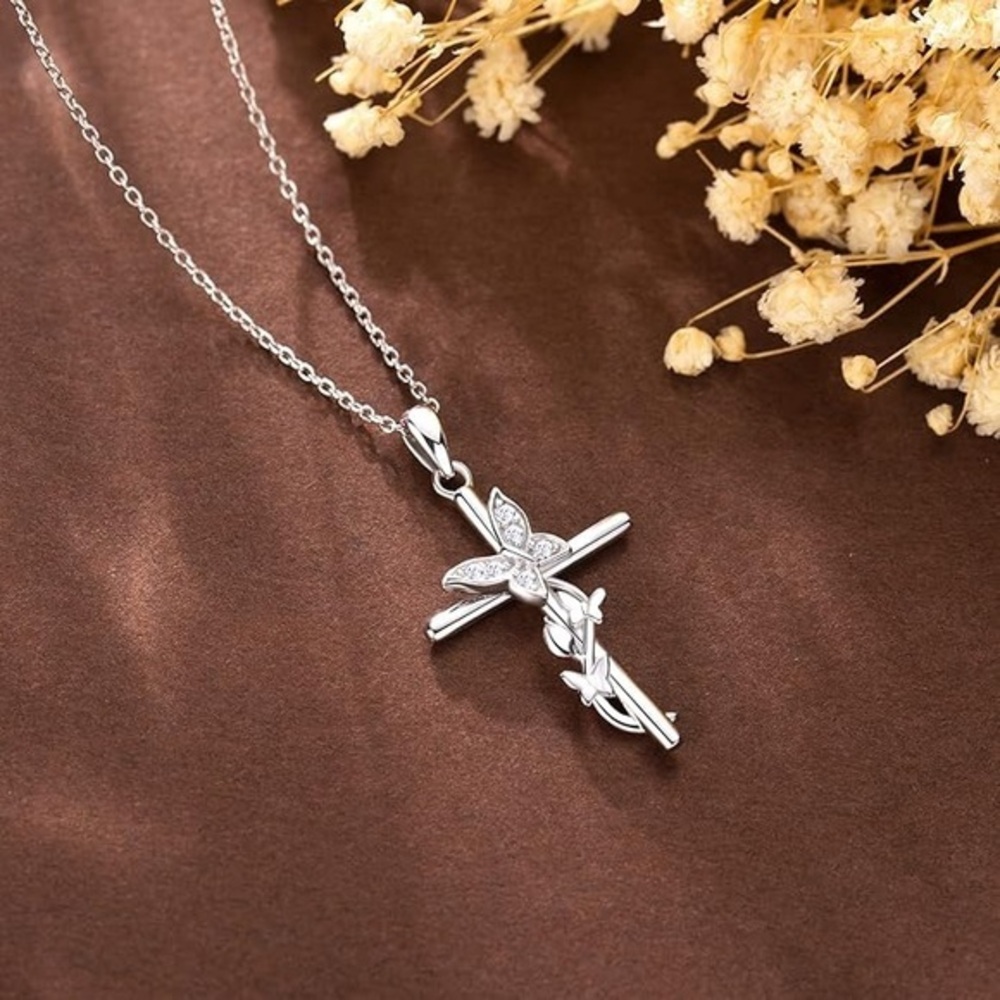 Sterling Silver Butterfly Cross Pendant Necklace - Silver 925 marked